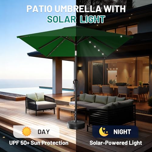 Image of AreShark 6.5' x 10' Rectangular Patio Umbrella with Solar Lights, Solar Powered Lighted Market Umbrella w /Tilt and Crank, Outdoor Table Umbrella for Garden, Deck, Backyard, Pool, Dark Green