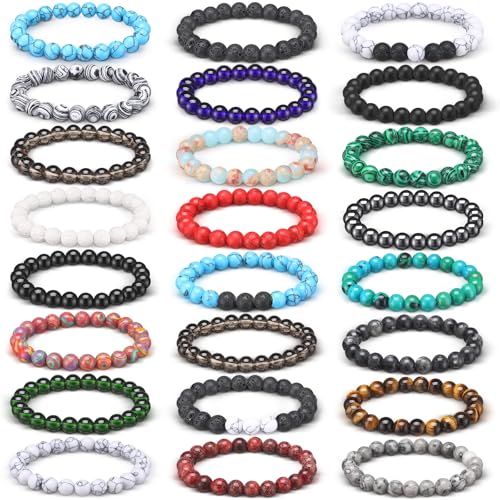 24 Pcs 8mm Gemstones Beaded Bracelets for Men Women Stretch Round Bead Bracelets Set Healing Crystal Stone Bracelets Semi Precious Bracelets