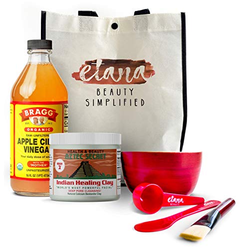 Aztec Clay Premium Mask Set by Etana Beauty – All-In-One Kit Includes 1lb Aztec Secret Indian Healing Clay, 16oz Bragg s Apple Cider Vinegar, Natural Bamboo Bowl, Stir, Scoop, Brush & Tote