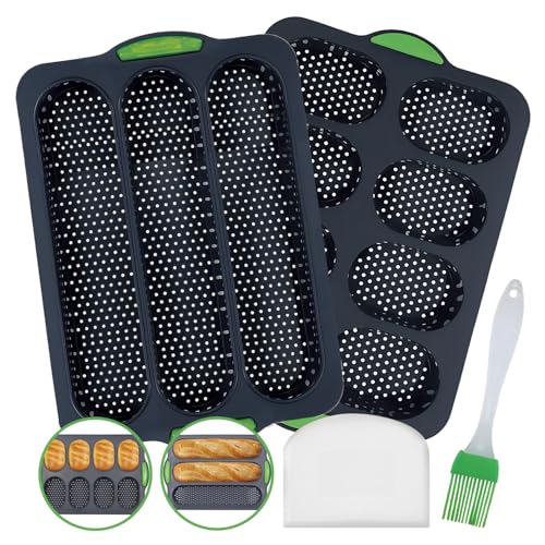2 Stück Brötchen Backform Silikon,Baguette Backform Mini Baguette Backblech, Brotbackformen Baguetteblech Backen mit Ölpinsel und Silikonmesser,Brot Backen...