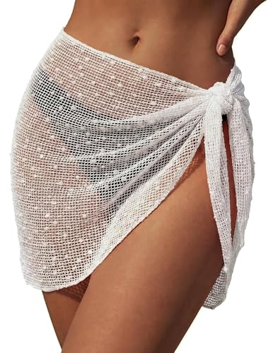 Ekouaer Womens Beach Sarong Wraps Skirt Mesh for Women Sparkling Net Embroidery Swimsuit Bikini Cover Up White XL