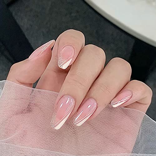 KLOSS BEAUTY DEBORAH FRENCH press on nails Artificial Nails, Reusable Fake Nails, Set of 22 false nails Universally sized nail extensions for women Press- On nails, Longlasting fake nails with Glue GLOSSY Finish (Silver Detailing With Pinkish Nude Base )