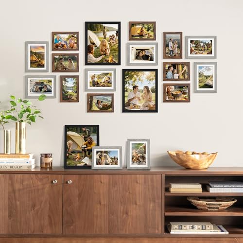 Image of upsimples Picture Frames set of 19, Including 8x10, 5x7, 4x6 Rustic Frame | Black Brown Gray Multi Picture Frames Collage Wall Decor , Gallery Wall Frame Set, Gift For Christmas, Mothers' day, Wedding