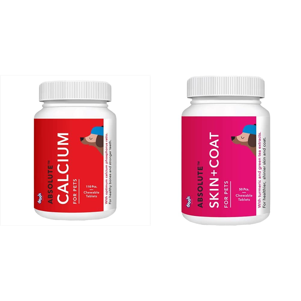 Drools Absolute Calcium Tablet- Dog Supplement, 110 Pieces and Absolute Skin + Coat Tablet- Dog Supplement, 50 Pcs