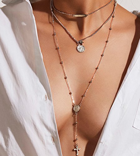 FXmimior Necklace Layered Long Chain 3 Tiers Cross Coin Pendant Vintage for Women Girl (gold)