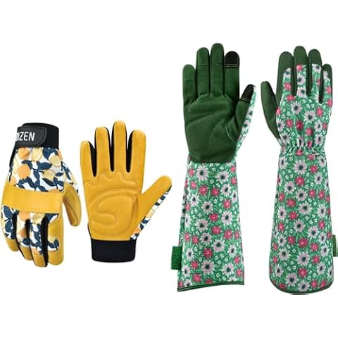 OIZEN 2 Pairs of Gardening Gloves, Cowhide Leather Rose Pruning Garden Gloves, Long Sleeve Green Flower Garden Gloves Cover