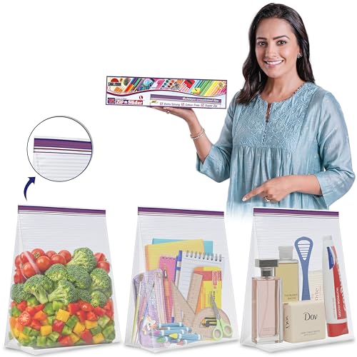 Image of Shalimar Zip 'N' Slider (Press Fit) Bags | Large (30.5 cm X 35 cm) | Pack of 15 Bags |Ziplock /Vegetable /Fruit /Fridge /Multi-Purpose Storage Bag | Reusable & Reclosable with Double Lock| Color-Natural