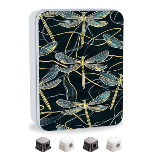 Image of Metal Tin Box with Lid,Multi-functional Storage Box Can Store Tea Biscuits Game Cards, Playing & Tarot Cards-Comes with 4 Magnetic Cord Clips,Golden Dragonflies Pattern