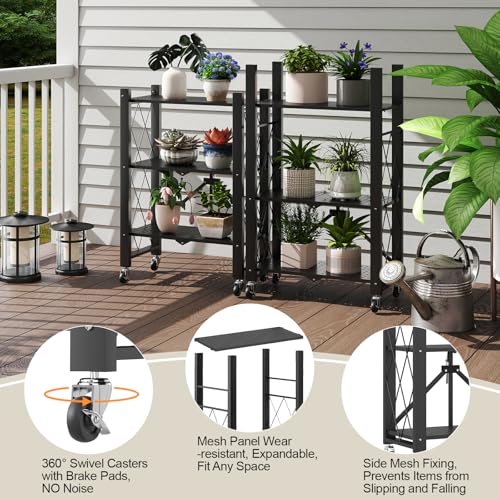 Image of 6-Tier Foldable Storage Shelves with Wheels Folding Bookshelf no Assembly | Folding Metal Shelf Unit, Collapsible Shelves for Craft Shows for Kitchen, Bedroom, Living Room, Black