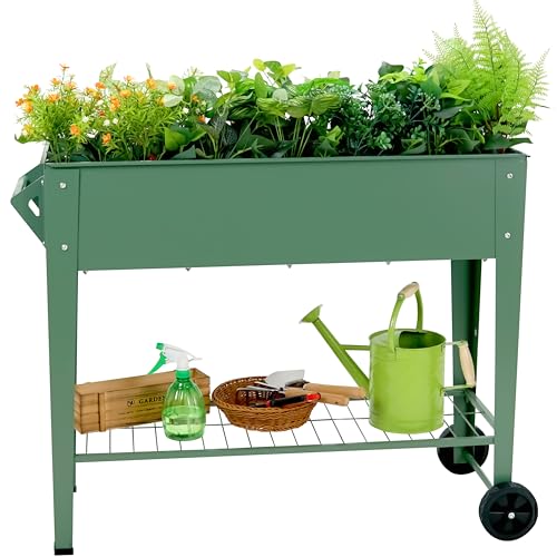 YKTEEDENS Raised Garden Bed with Legs and Wheels Removable for Outdoor, 31.6 * 14.6'' Metal Planter Raised Box for Growing Vegetables Herb Flower in Patio (Green)
