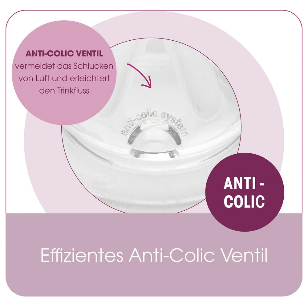 NIP Biberon in vetro set da 2 biberon in silicone con valvola anticolica, piastrine in vetro extra resistente al calore, liscio, senza pori, made in Germany, 0% BPA