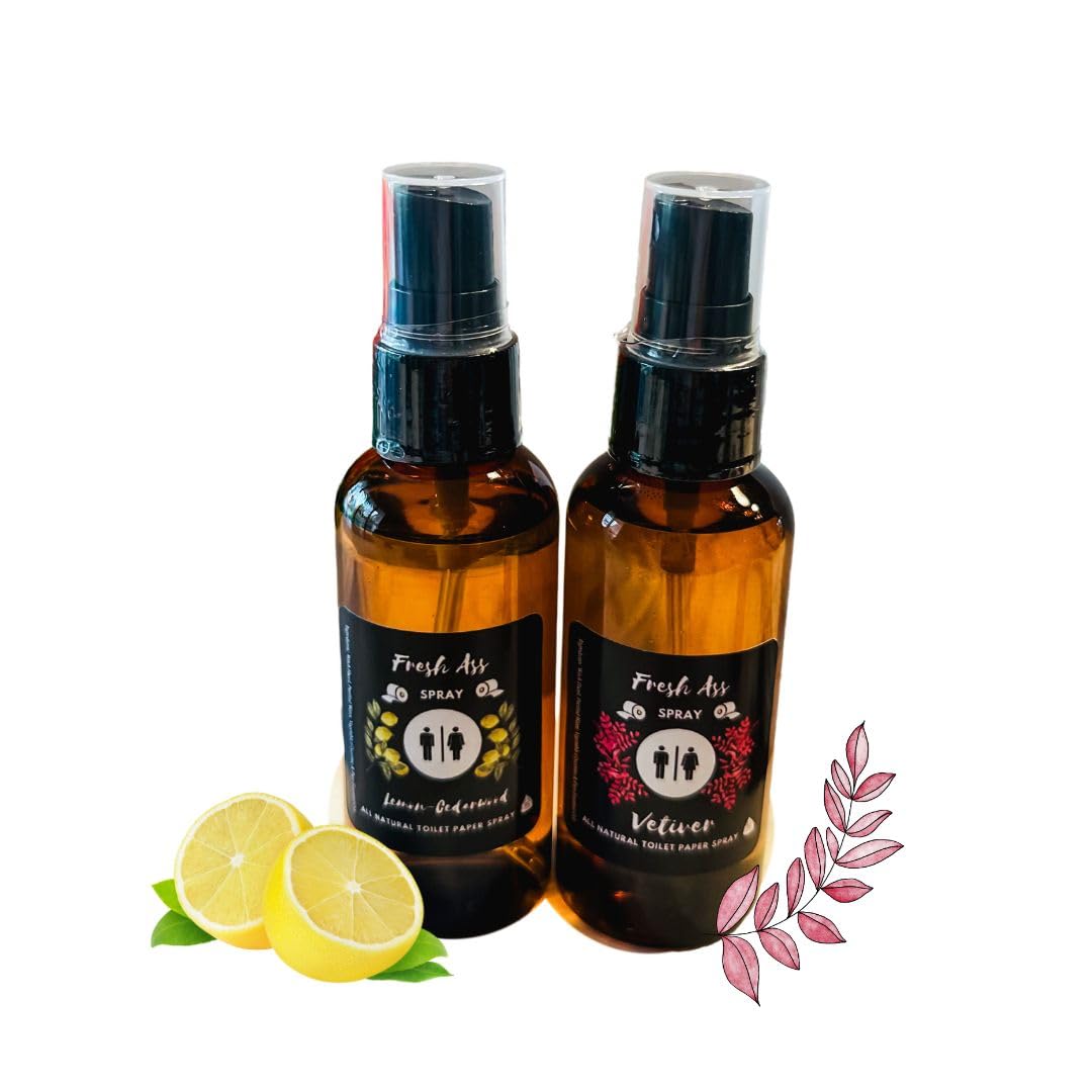 Toilet Paper Spray for Wiping- Set of 2 Travel Size Natural Vetiver & Lemon-Cedarwood- 2 oz Bottles- After You Go Spray- Natural Ingredients- Bundle