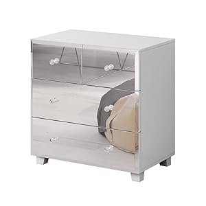 Cómoda de 4 cajones Cuerpo Blanco y frentes Recubiertos de Espejos colección LIVORA.