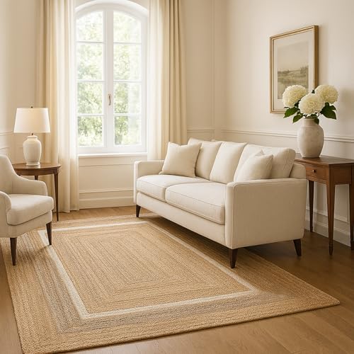 Image of voyzz home 8X10 Feet-Rectangular, Premium Natural Jute High Traffic Braided Area Rug, Stain Resistance, Handmade Rug for Entryways, Living Room,Dining Room, Bedroom,Farmhouse (Natural & Grey & Ivory)