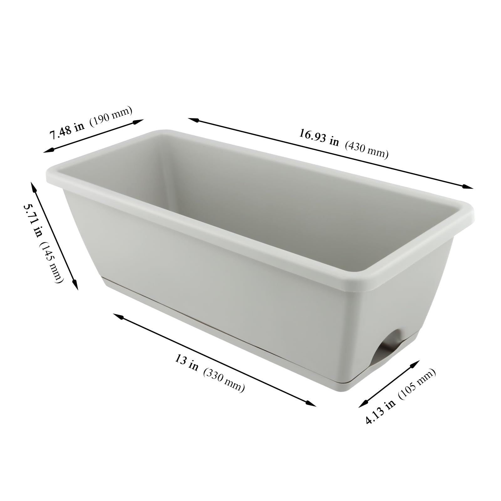 MUKSEUT Lot de 8 jardinières rectangulaires en résine avec Trous de Drainage et Plateaux pour Rebord de fenêtre, terrasse, Jardin, décoration d'intérieur, Porche, Cour - Gris - 43,2 cm