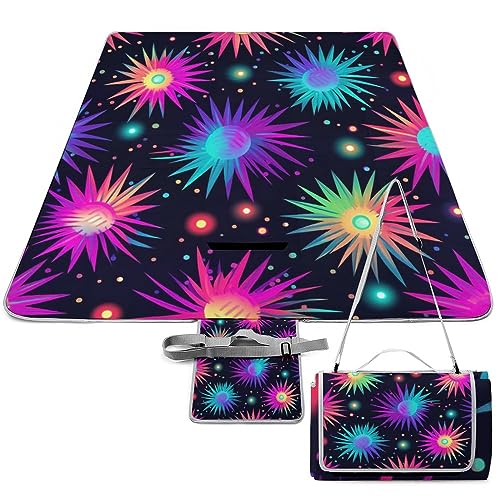 Colorful-Fireworks-Black Picnic Blanket Waterproof Foldable, Large Outdoor Picnic Blanket Beach Blankets Camping Blanket Travel Mat, Shoulder Strap Tote, Rectangle 58x58in