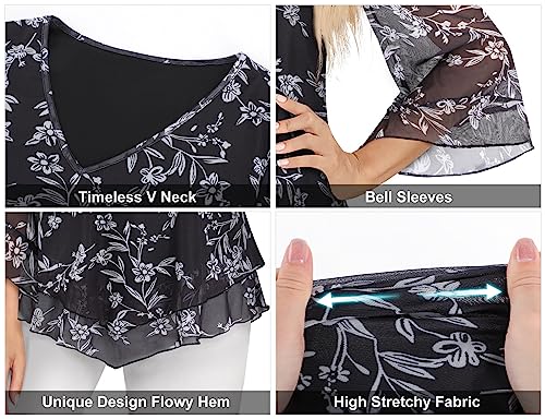 Gemulate Womens Tops Blouses for Women UK V Neck 3/4 Flared Sleeve Shirts for Women UK Chiffon Blouses Ladies Wedding Guest Tops Plus Size Evening Shirts Black, XL - Image 3