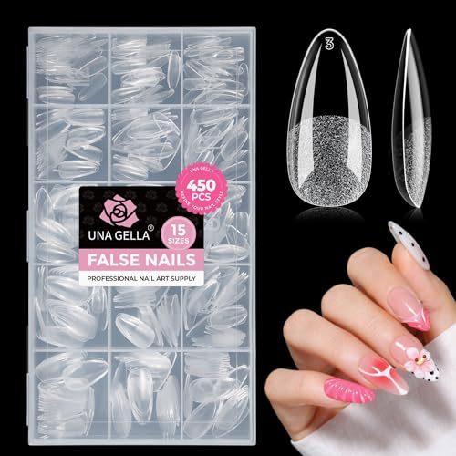 UNA GELLA Gel Nail Tips Almond Shape Medium 450PCS 15 Sizes Pre-etched Full Cover Soft Gel Almond Press On Nail Tips Easy DIY Salon Clear Fake False Nail Extensions Long-Lasting Hold