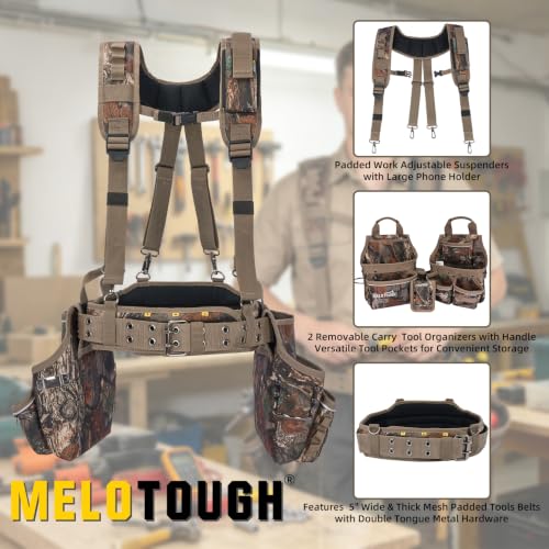 Image of MELOTOUGH Professional Camo Tool Belt with Suspenders Carpenter Tool Belt