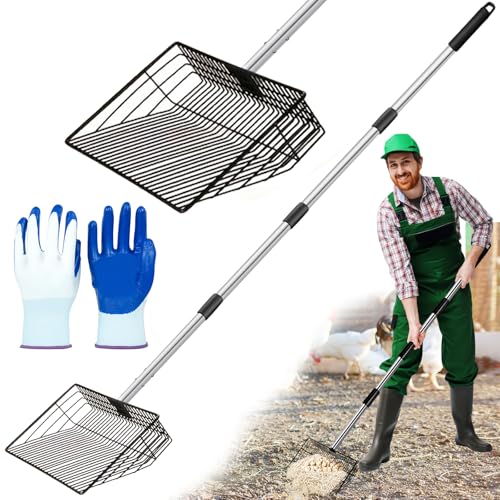 Image of 10 inch Large Chicken Poop Scooper for Sand for Shavings 74 inch Heavy Duty Pooper Scooper Long Handle Chicken Coop Scoop for Cleaning Tools and Rake 5-in-1 Sifting Shovel for Chicken Scoop supplies