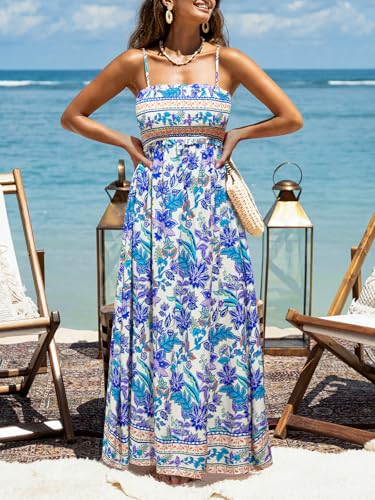 Image of CUPSHE Women Spaghetti Straps Boho Maxi Dress Summer Sleeveless Smocked Floral Beach Long Dress Flowy Cruise Vacation Outfits