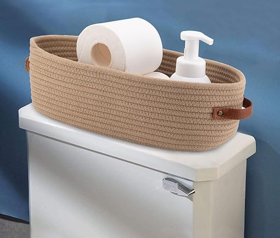 Image of [Pack of 1-13x6x4 inch, Oval, Brown] Handwoven Soft Jute Cotton Basket with Leather Handle | Shelf Baskets, Naturally Reshapes After Filling | Ideal for Storage, Organization & Gift Hampers