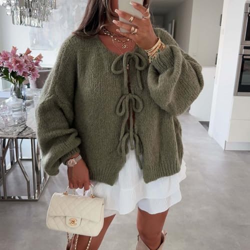 Image of Women Casual Bow Tie Front Cardigan Sweater Solid Crew Neck Long Sleeve Self Tie Open Front Knit Sweater Top Fall