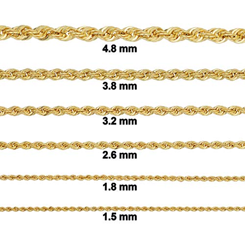 Kooljewelry 10k Yellow Gold Rope Chain Necklace For Men And Women (choose from 1.5mm, 1.8mm, 2.6mm, 3.2mm, 3.8mm or 4.8mm. size from 16 until 30 inches long)2