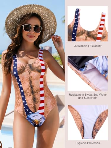 Image of uideazone Women Funny Chest Muscle Deep V Backless One Piece Bathing Suit | Color Block Butt Lifting Swimsuits High Stretch Quick Dry Breathable Monokini Removable Pads for Beach Pool Vacation Party