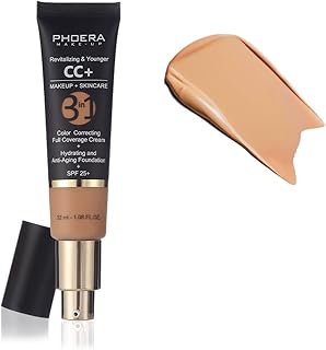 PHOERA Anti-Aging Color Correcting Full Coverage Cream Foundation SPF 25+ Revitalizing & Younger infused Concealer with Vitamins For dark circles, acne scars, wrinkles & redness. (140 Buff Beige)