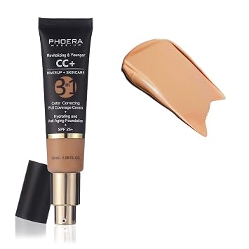 PHOERA Anti-Aging Color Correcting Full Coverage Cream Foundation SPF 25+ Revitalizing & Younger infused Concealer with Vitamins For dark circles, acne scars, wrinkles & redness. 140 Buff Beige