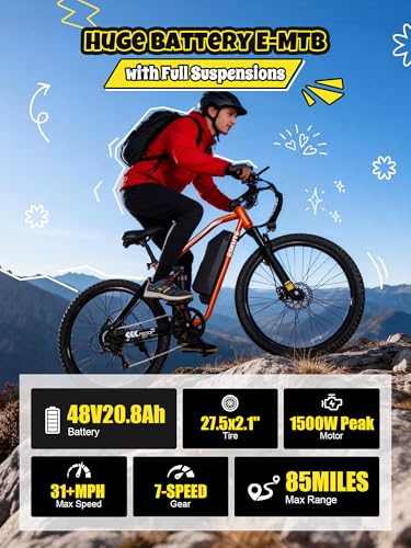 Image of ESKUTE M200F Electric Bike for Adults - 27.5 inch Tire Mountain E-Bike, 1500W Peak Brushless Motor 31+MPH, 48V 20.8Ah Removable Battery, Up to 80 Miles, Step Over Commuter E-MTB, Full Suspensions