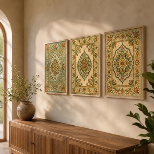 Image of Livin'luxe Set of 3 Vintage Persian Pattern Wall Paintings for Living Room Bedroom Hallway Home Decor with Premium Wooden Color Synthetic Frame (25.5 x 19.5 Inch) NM03-69