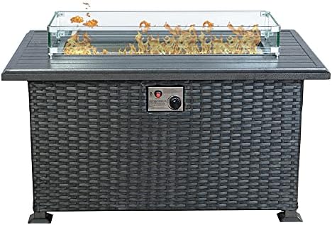 Kozyard 50,000 BTU Outdoor Wicker Patio Propane Gas Fire Pit Table w/Aluminum Tabletop, Glass Wind Guard, Clear Glass Rocks, Cover, Slide Out Tank Holder, and Lid (Gray)