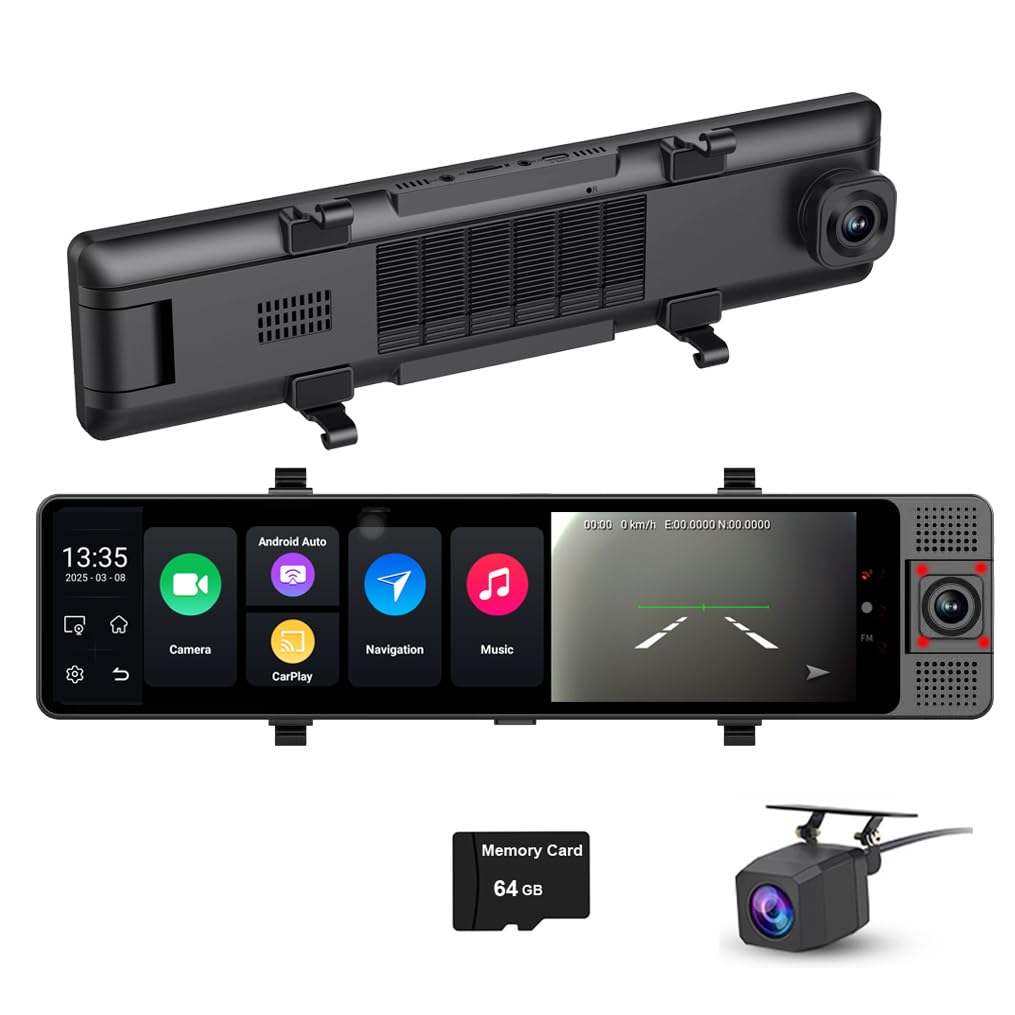 3 Canali Android 13 4G Dash Cam Specchietto Retrovisore, Carplay & Android AutoCar DVR, 12 pollici IPS Touch Full Screen, 4GB + 64GB, 5G Wifi GPS Navi ADAS Bluetooth, Monitoraggio remoto, anteriore