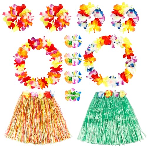 Feradny 14 Pieces Girl's Hawaiian Hula Grass Skirt with Flowers Costume Set Flower Bracelet Hair Clip Hawaiian Outfit for Luau Tropical Beach Party