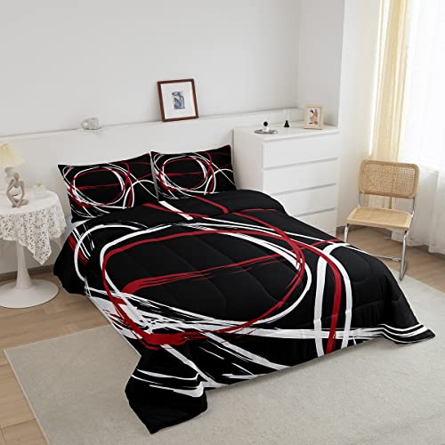 Castle Fairy Abstract Spiral Stripes Comforter Set Full Size,Modern Red Black White Bedding Set For Girls Teens Xmas Present,Geometric Circle Soft Bedroom Down Duvet, 1 Comforter&2 Pillowcases #TOP2