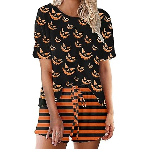 Women's Ruffle Short Sleeve Tops and Shorts Jack O Lartern Halloween Pumpkin Face Pajamas Sets OPS L Cover