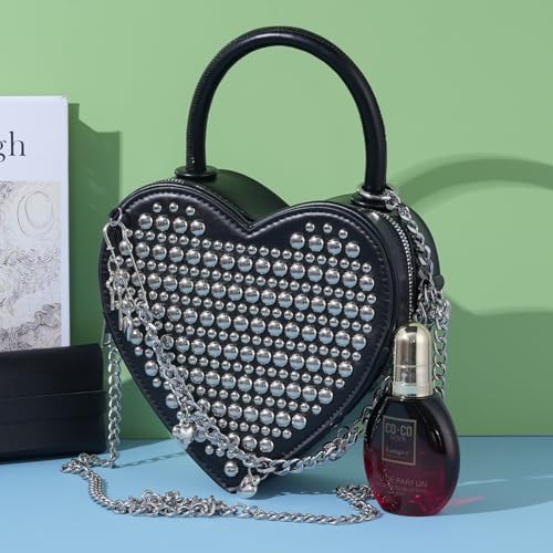 Image of TRBSXRT Heart Satchel Crossbody Purse for Women - Rivets Embellished Shoulder Bag, Leather Heart Shaped Handbag (Black)