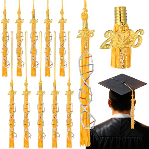Suncalla 10 Sets 2026 Graduation Tassel Adjustable Gold Graduation Cap Spiral DNA Tassels with 2026 Year Charms for College Graduate Hat Ceremonies Men Women Grad Accessories Decoration