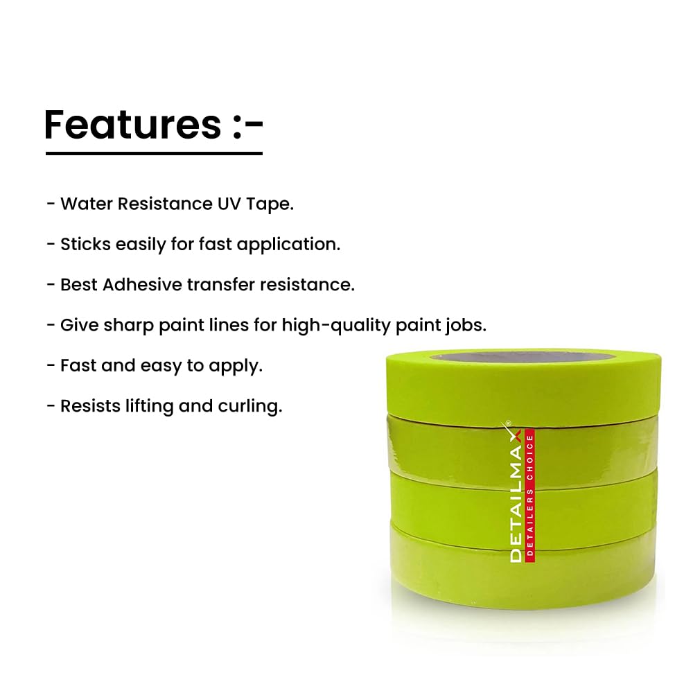 DETAILMAX Color Masking Tape 24mm x 50m, Pack of 4 | Easy Tear Painter's Tape for Car Detailing, Painting, Labelling & Woodworking | Clean Removal, No Residue (Green, 50 M, 50, metre, 1)