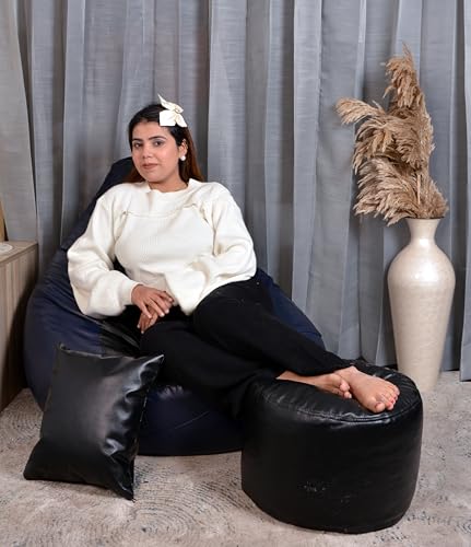 Image of Gold 4XL Bean Bag Combo with Footstool & Cushion | Faux Leather Teardrop Bean Bag for Adults & Teens | Pre-Filled with Beans | Home, Bedroom, Living Room, Office (4XL - Navy Blue & Black)