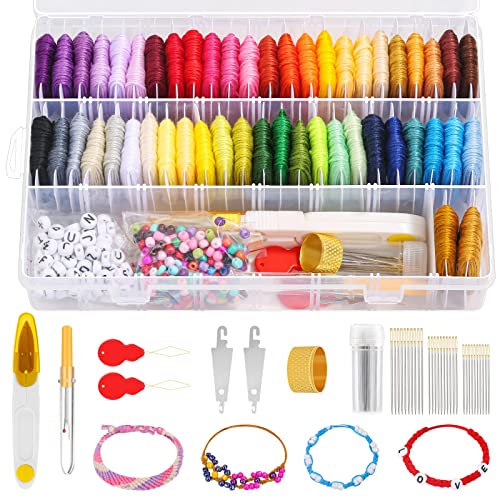 PAXCOO 488Pcs String Bracelet Making Kit, Friendship Bracelet String Kit with 50 Skeins Embroidery Floss Cross Stitch Thread, 400Pcs Friendship Bracelet Beads, 37Pcs Embroidery Tools