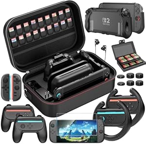Case for Nintendo Switch 2 Accessories Bundle with Switch 2 Dockable Protective Cover Switch 2 Tempered Film,Switch 2 Racing Wheels Joycon Grip Cover for Nintendo Switch 2 Controller