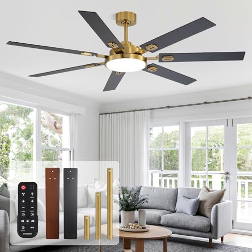 Image of 64 Inch Ceiling Fans with Lights and Remote, Bedroom Living Room Office Library Cafe Outdoor Industrial, 5CCT Dimmable, Dual Color 7 Blades, 6 Speed Reversible Quiet DC Motor, Gold /Wood Grain