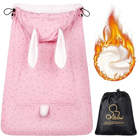 Orzbow Weatherproof Cover for Baby Carrier,Waterproof Winter Baby Carrier Cover with Bag,Removable Drawstring Hood,Machine Washable,Central Pocket,Bottom Double Two-Way Zippers (Pink Rabbit) Cover