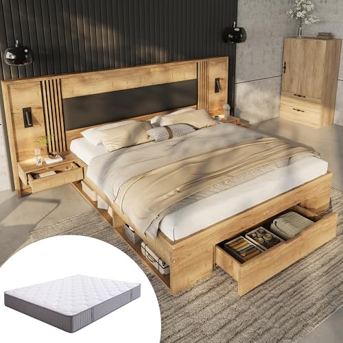 LZPUOUI Canape Abatible de Madera 180x200cm con Cajon Inferior y Estantes de Almacenamiento Lateral como Estructura de Cama con Mesitas de Noche en Cabecero y Base para Somier Naturalmente