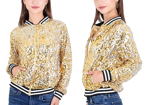 Anna-Kaci Womens Sequin Jacket Sparkle Long Sleeve Front Zip Casual Blazer Bomber Jacket With Pockets4
