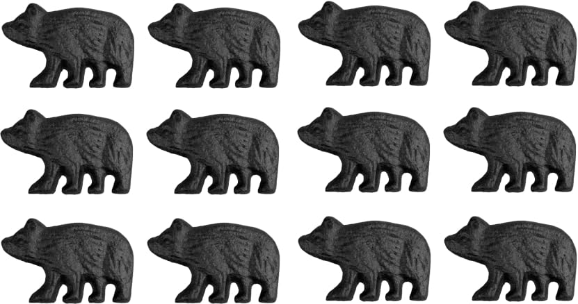 12 Pack Cast Iron Bear Cabinet / Drawer Pulls – Rustic Black Matte Finish – 2” Wide Bear Shaped Knob Handles – Includes 1” Mounting Screws – Perfect