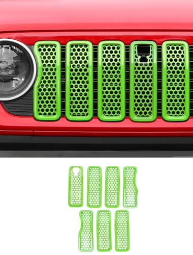Image of Savadicar Front Grill Inserts with Camera Slot for 2024+ Jeep Wrangler JL JLU 4XE & Gladiator - Elevate Your Wrangler's Aesthetics with Mesh Grille Cover Guard, Exterior Trim Accessories, 7PCs, Green